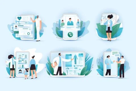 Online medicine vector flat concept. Doctors and nurses helping with medical Stock Illustration