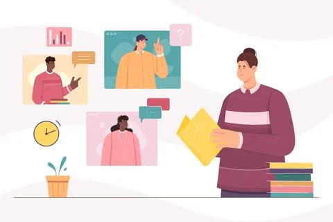 Online meeting for training in virtual class, education of student learning Illustration