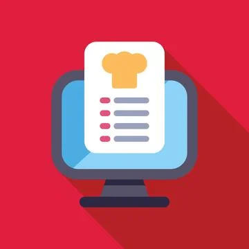Online menu displaying on computer screen with chef hat icon, ordering food Stock Illustration