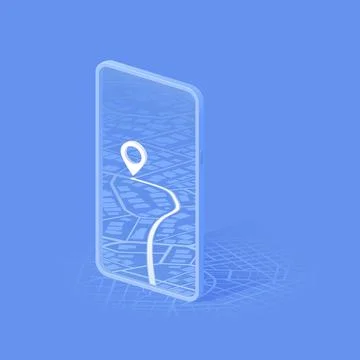 Online mobile application includes smartphone, road on the screen. Location with Stock Illustration