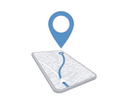 Online mobile application includes smartphone, road on the screen. Location with Stock Illustration