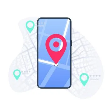 Online mobile application for navigation. Smartphone, road on the screen and big Stock Illustration