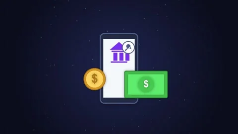 Online mobile banking app animation with money icons over dark blue digital.. Stock-Footage 346989080