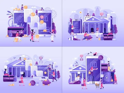 Online Mobile Banking Services Gradient Web Scenes Stock Illustration