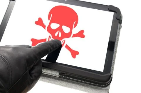 Online mobile hacking concept with hand wearing black glove pointing a touch  Stock Photos