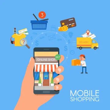 Online mobile shopping concept. Vector illustration in flat style design Stock Illustration