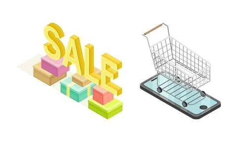 Online mobile shopping elements set. Sale, e-commerce concept isometric vector Ilustración de archivo