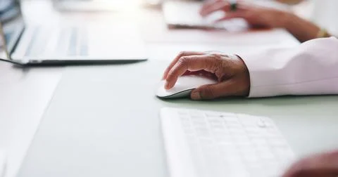 Online, mouse and hands with computer, office and research for article with.. Stock Photos