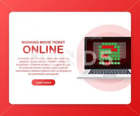 Online movie ticket booking concept by laptop app on red background. Vector i Stock Illustration