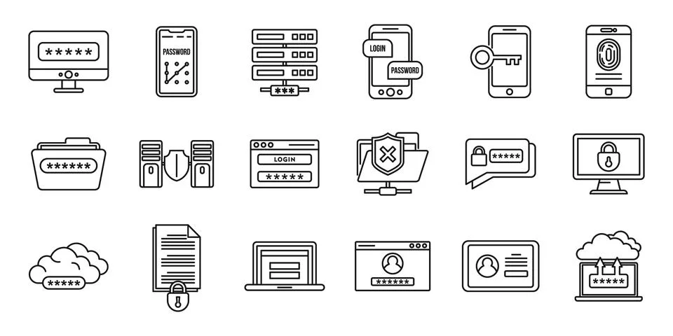 Online multi-factor authentication icons set, outline style イラスト素材