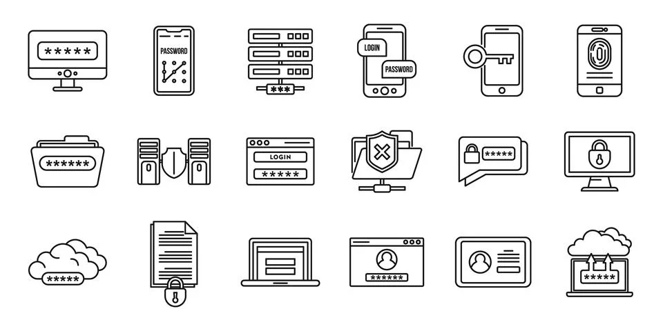 Online multi-factor authentication icons set, outline style Illustrazione stock