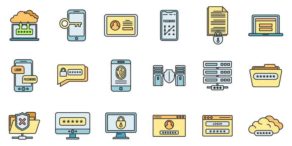 Online multi-factor authentication icons set vector color line Stock Illustration