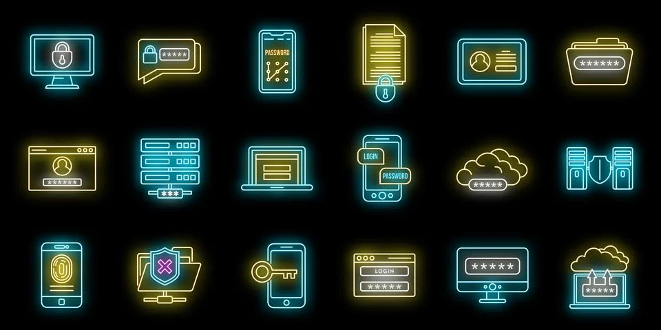 Online multi-factor authentication icons set vector neon Stock Illustration