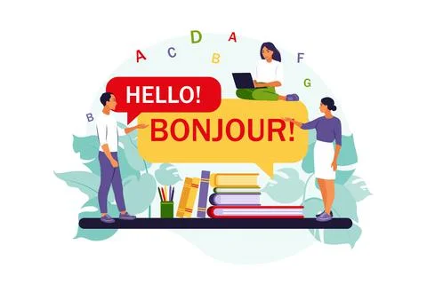 Online multi language translator. People using online translation app. Vector Stock Illustration