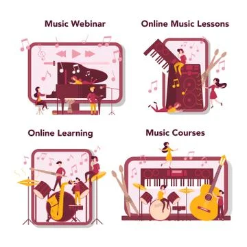 Online music learning set. Young performer playing music Illustrazione stock