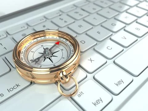 Online navigation. compass on laptop keyboard. Illustrazione stock