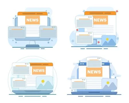 Online news information set featuring web pages, digital news access イラスト素材