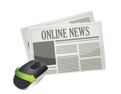 Online newspaper and wireless computer mouse isolated on white background Illustrazione stock