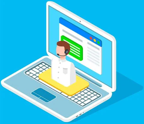 Online operator, support with microphone works on Internet. Large computer with Stock Illustration