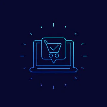 Online order, purchase, linear icon with shopping cart and laptop Illustrazione stock