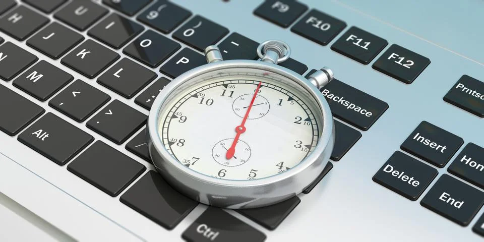 Online order. Stopwatch, timer, on computer, laptop keyboard. 3d illustration Stock Illustration