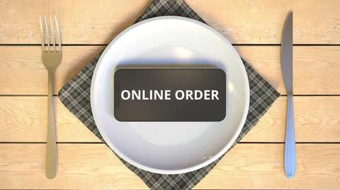 ONLINE ORDER text on the screen of smartphone on the plate. Food related IT Stock Illustration