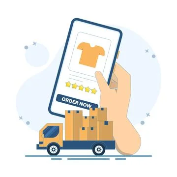 Online Ordering and Delivery Concept. Holding Mobile Phone and Delivery Car. Illustrazione stock