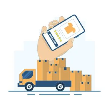 Online Ordering and Delivery Concept. Holding Mobile Phone and Delivery Car. 스톡 일러스트