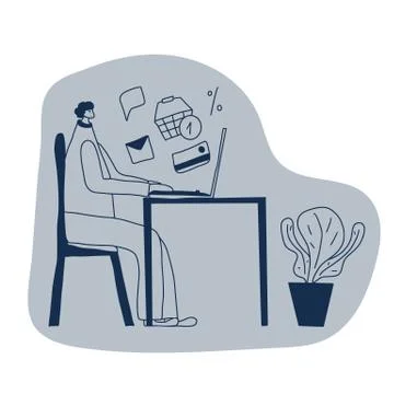 Online ordering concept. Young man dressed in casual clothes sitting at the d Stock Illustration