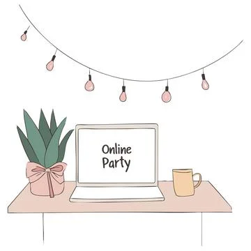 Online Party Celebration Setup for virtual celebrations or remote gatherings. Stock Illustration