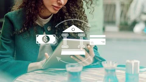 Online payment activity with a person using a tablet at a cafe Stock Photos