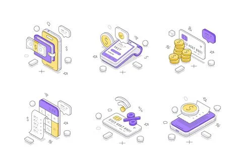Online payment and mobile banking icons. Modern isometric vector illustration Stock Illustration