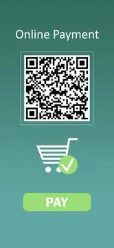 Online payment application screen showing QR code, shopping card and Pay bu.. Foto stock