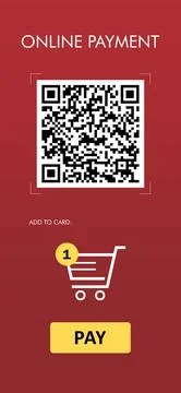 Online payment application screen showing QR code, shopping card and Pay bu.. Stock Photos