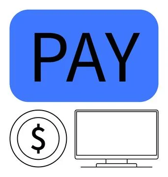 Online Payment Concept with Blue Pay Button, Dollar Icon, and Computer Moni.. Stock Illustration