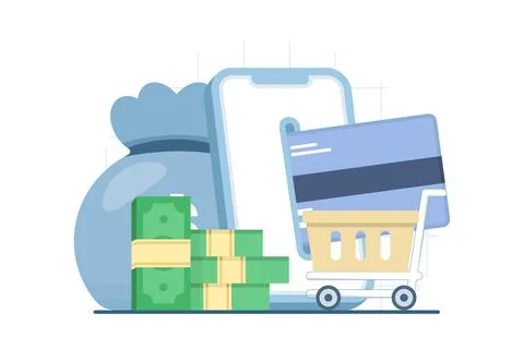 Online payment concept with debit card, mobile banking, e-wallet, and e-commerce Stock Illustration