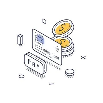 Online payment concept featuring an isometric line art design. It includes a  Illustrazione stock
