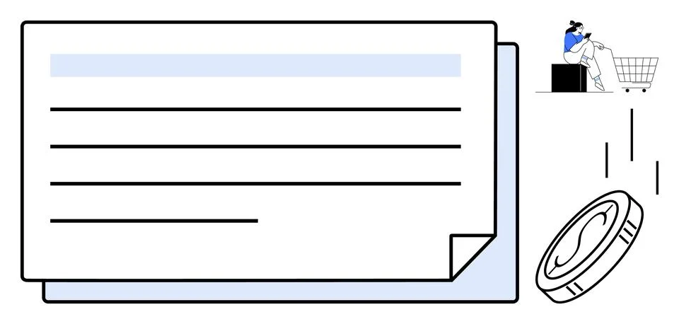 Online Payment Concept with Invoice Document, Coin Drop, and Shopping Cart Ic Ilustração Stock
