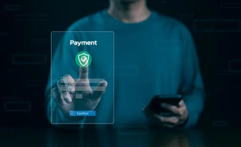 Online payment concept. Man using smart phone pay via mobile banking app. Stock Photos
