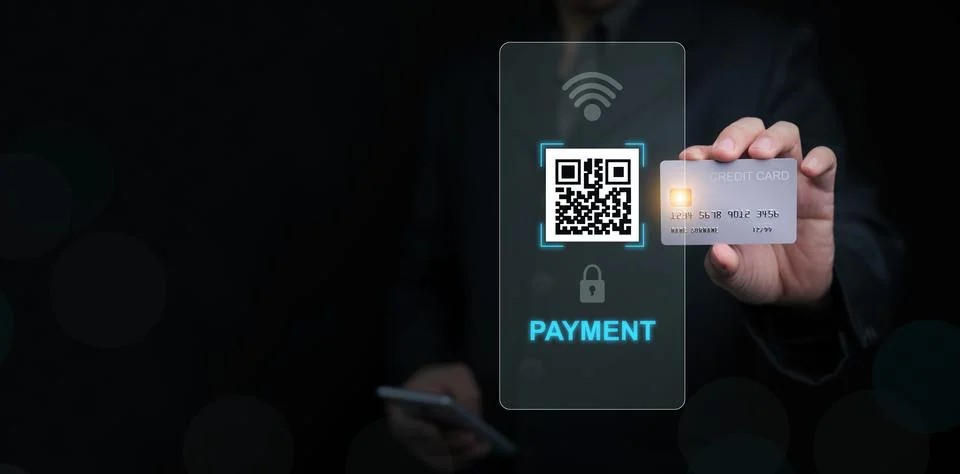 Online payment concept with QR code scanning and credit card in hand, secur.. Stock-Fotos