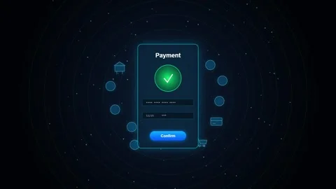 Online payment confirmation screen with glowing security icons on dark back.. Stock Footage 346374877