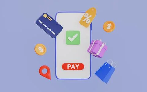 Online payment with floating elements gift box, discount, shopping card Stockillustratie