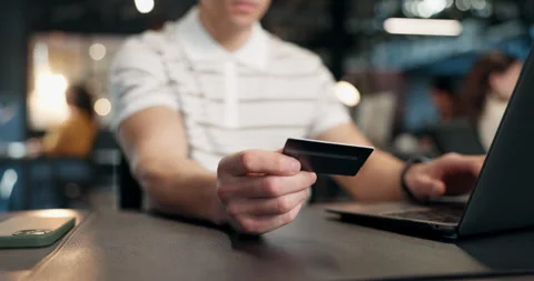 Online payment, laptop and hands with card in business, ecommerce or digital Stock Footage 340628421