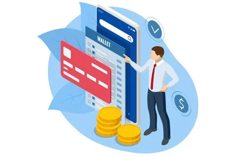 Online Payment with Mobile Phone. Isometric online payment, banking and online Stock Illustration
