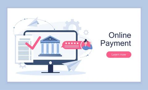 Online payment poster. Computer with banking building. Cashless transfers and Ilustración de archivo