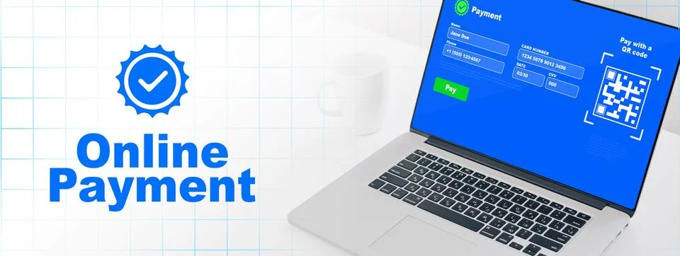 Online payment process on a laptop screen with a QR code for mobile transactions Stock Photos