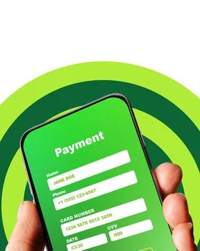 Online payment process on a mobile device with a green background Stock Photos