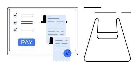 Online Payment Process with Receipt and Shopping Bag Concept 스톡 일러스트