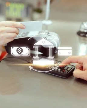 Online payment process at a retail location with card and cash transactions Stock Photos
