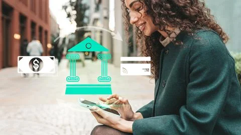 Online payment process using a smartphone in a city setting during the day Stock Photos